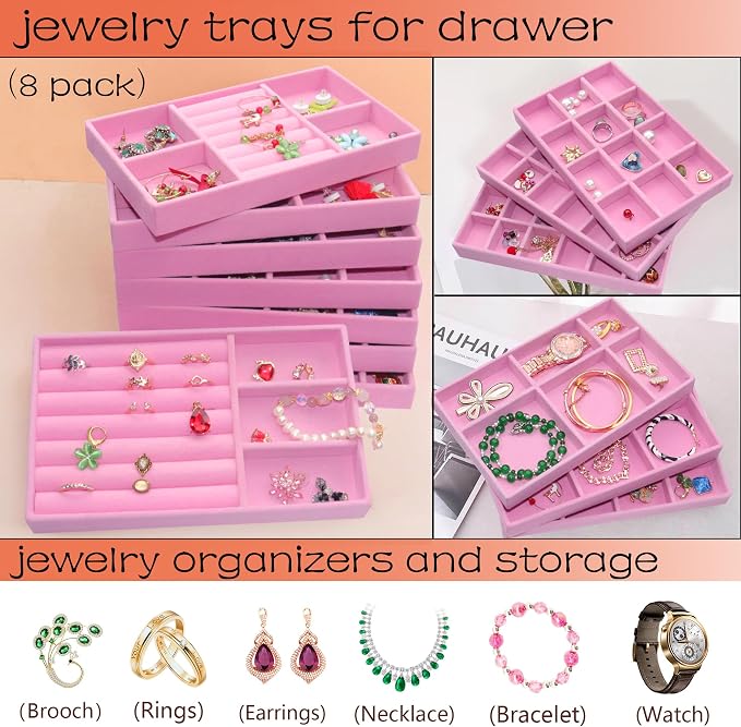 Jewelry Trays for Drawer Orgainzer Set of 8 Stackable Velvet Jewelry Organize Display Storage Box Earring Showcase Dresser Drawer Organizer for Earring Necklace Bracelet Ring