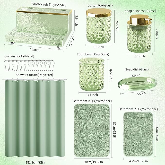 Bathroom Accessories Set - 20PCS Green Glass Bathroom Set with Shower Curtain and Rugs, Soap Dispenser, Soap Dish, Cup, Qtip Jar, Toothbrush Holder, Stylish & Functional Bath Decor for Home, Apartment