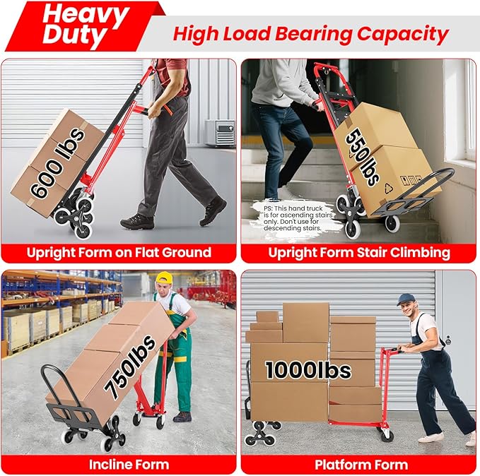 1000LBS Convertible Hand Truck, Heavy Duty Foldable Aluminum Stair Climbing Dolly with Solid Wheels for Moving/Office/Travel (Red)
