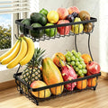 2-Tier Fruit Basket for Kitchen Counter with 2 Banana Hangers | Large Metal Fruit Bowl, Versatile Holder for Veggies, Produce Storage, 12.5"×7.5"×12"-Black