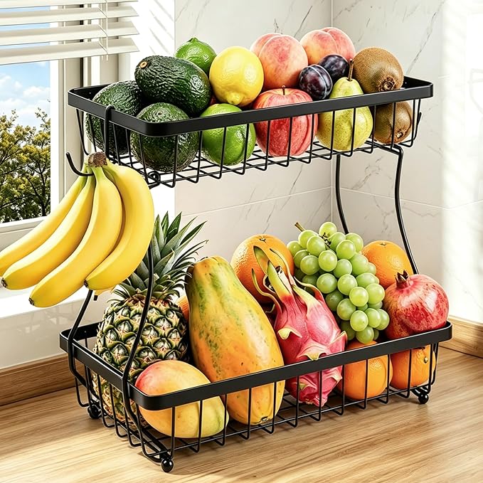 2-Tier Fruit Basket for Kitchen Counter with 2 Banana Hangers | Large Metal Fruit Bowl, Versatile Holder for Veggies, Produce Storage, 12.5"×7.5"×12"-Black
