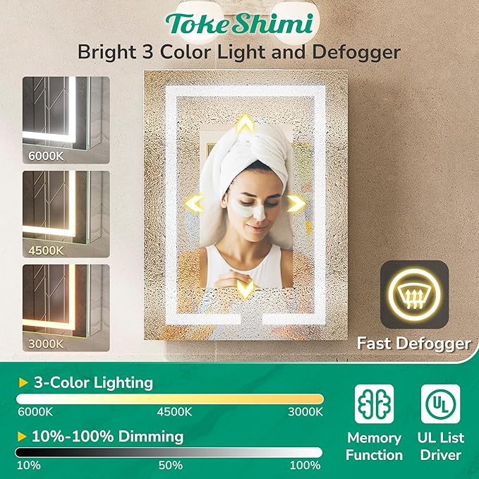 TokeShimi 36x24 Lighted Medicine Cabinet Mirror with Outlet, 3 Colors Dimmable Bathroom Mirror Medicine Cabinet Surface or Recessed Mount, Anti-Fog Mirror with Storage for Vanity and Modern Decor