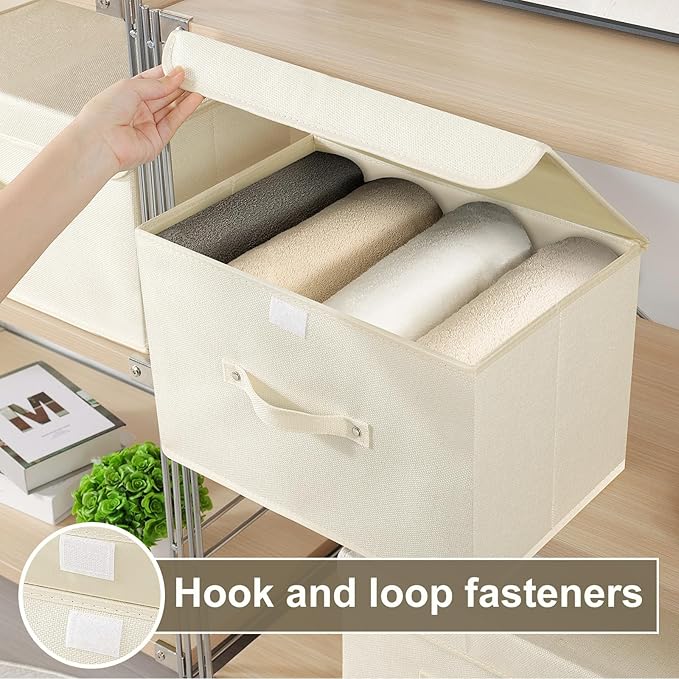 Fabric Storage Bins Cube Organizers with Flip-Top Lid and Handles,Storage Boxes for Organizing Home,Office,and Closet,Beige,5 Pack 13 X 9.1 X 7.9 in