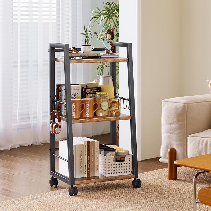 Homeiju 3 Tier Kitchen Storage Cart with Lockable Wheels & 6 Hooks, Mobile Utility Organizer Rolling Cart for Small Spaces, Bar Cart for Kitchen and Living Room, Rustic Brown