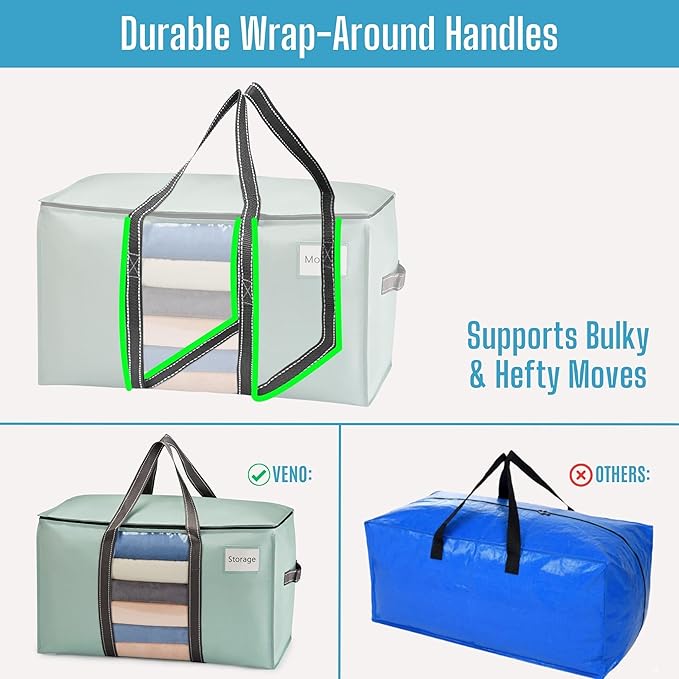 VENO 10 Pack Moving Bags with Clear Window, Heavy Duty Storage Bins with Lid, Around Handles, Tag, Zippers, Extra Large Totes Packing Moving Boxes Supplies for College Dorm Clothes (Light Green)