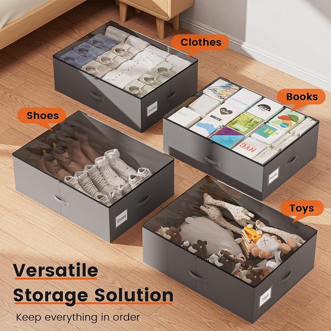 XXXXL 125L Under Bed Storage, Storage Containers with Support & Clear Lid, Support Frame, Underbed Storage Bins for Clothes, Shoes, Blankets, and Toys 2 pack