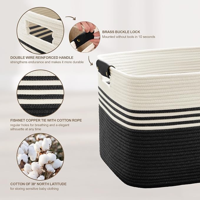 86L Large Woven Laundry Basket Hamper with Leather Handles,Black | 24"x16"x14", collapsible wicker hamper, storage for dirty clothes, toys, blankets, gifts, living room, bedroom, bathroom