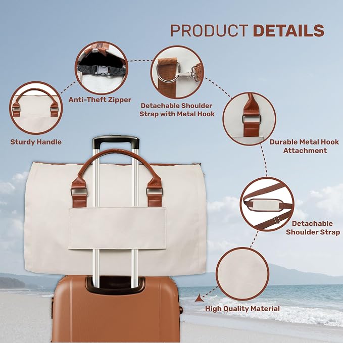 Convertible Garment Duffel Bag for Travel, Large Carry On Weekender Bag with Hanging Clothes Feature, Overnight Travel Duffle Bag for Women with Shoe Compartment (Beige)