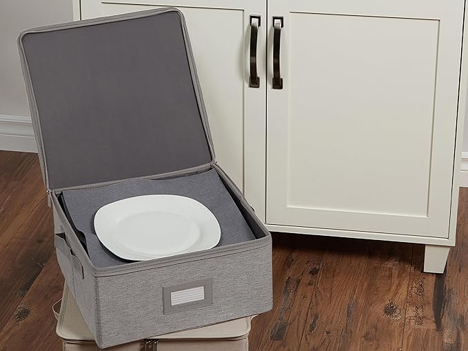 Covermates Dish Storage Box – China & Dinner Plate Storage Container with Dual Zippers, Reinforced Handles, ID Window & Stackable Structured Walls for Dishware Organization, Grey Heather