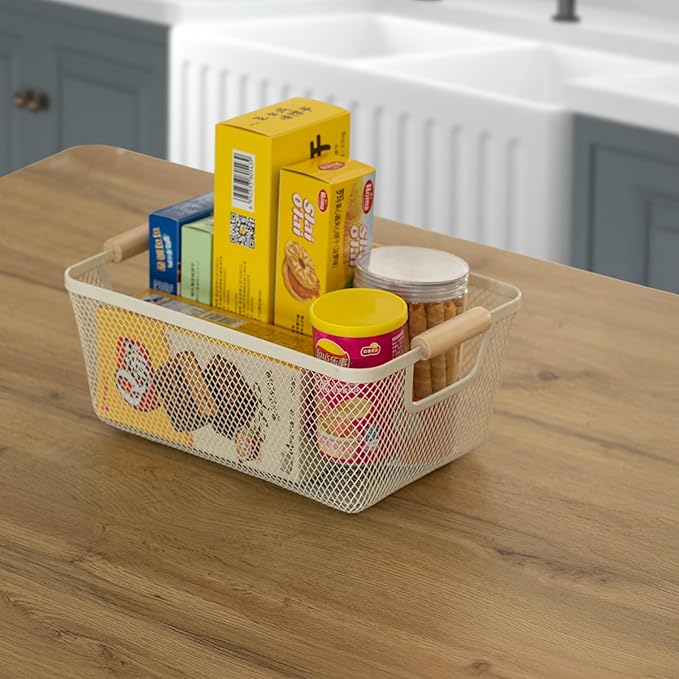 Basicwise Multipurpose Metal Mesh Basket w/Wooden Handle Storage Organizer for Kitchen Pantry Bathroom Cabinet Closet Countertop Fruit Holder Picnic Food and Beverages Carrier and Home Decor, Medium
