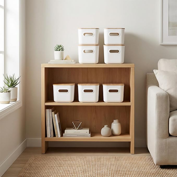 Citylife Storage Bins with Bamboo Lids 7QT Plastic Storage Containers Stackable Organizer Boxes with Handle for Desk Snacks, Toys, 2 PCS, 10" L x 7" W x 5.8" H