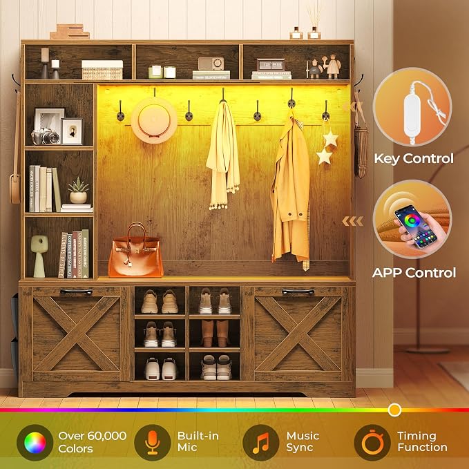 Itaar Hall Tree with Bench and Shoe Storage, 59.1" Farmhouse Entryway Bench with Coat Rack, Shoe Cabinet with Flip Drawers, 12 Shelves, 9 Coat Hooks, Storage Bag, Led Lights, Rustic Brown