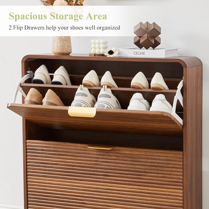 RARZOE Fluted Shoe Cabinet with 2 Flip Drawers, 29.5''Walnut | Narrow Curved Shoe Storage Cabinet, Freestanding Wood Hidden Shoe Organizer Closed Shoe Rack for Entryway Foyer, Hallway