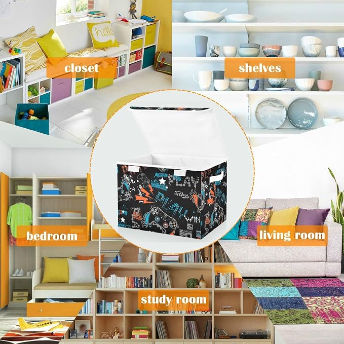 CaTaKu Large Fabric Storage Bins With Lids, Cute Gamer Black Storage Boxes With Handles for Organizing Clothes, Collapsible Storage Cube Bins Baskets for Shelves