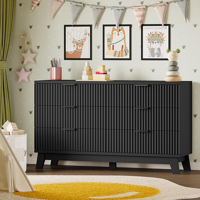 BORNOON 53" Long Dresser for Bedroom, 6-Drawer Dresser with Fluted Fronts, Wide Wood Chest of Drawers, Smooth Metal Slides, Stable Base, Modern Clothes Storage Cabinet for Living Room, Hallway