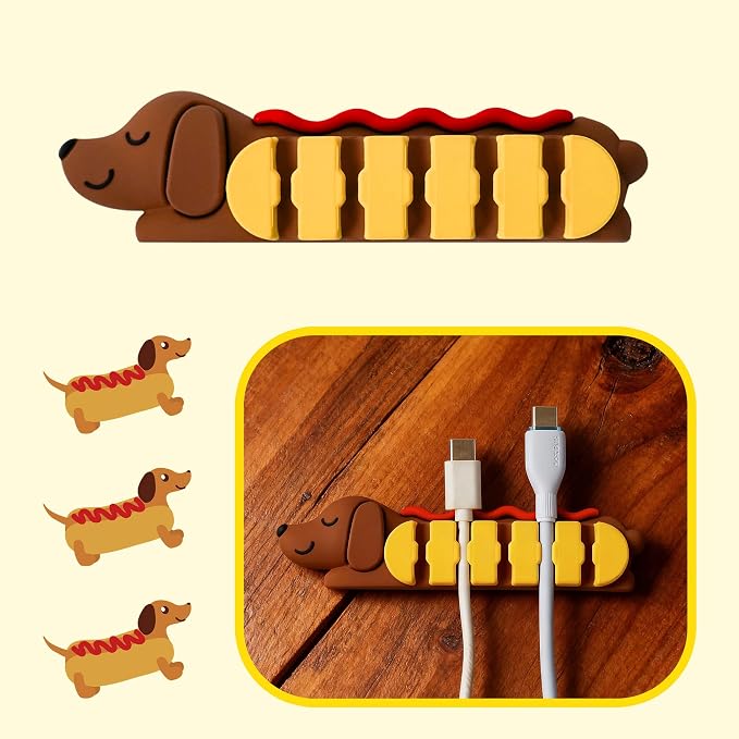 YOBRO Hot Dog Cable Organizer, Dachshund Shaped Adhesive Cord Holder for Desk, 5-Slot PVC Wire Management Clip for Type-C Charging Cable, Cute Kawaii Gift for Office Home Bedroom