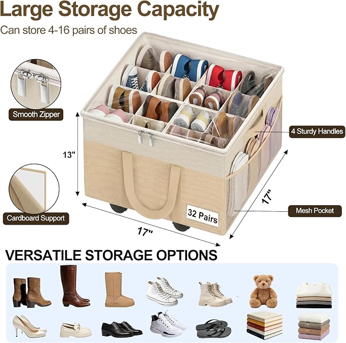 Large Shoe Organizer for Closet, 16 Pairs Shoe Storage Box with 360° Wheels & Reinforced Handles, Adjustable Dividers, Clear Cover, Side Pocket, Foldable Oxford Fabric Bin for Entryway, Beige
