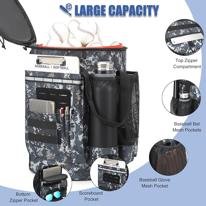 Baseball Bucket Bag 6 Gallon Multi Pockets Softball Coaching Equipment Bag | tactical Baseball Bucket Cover Organizer with padded Seat for Balls, Bat, Gloves, Scoreboards