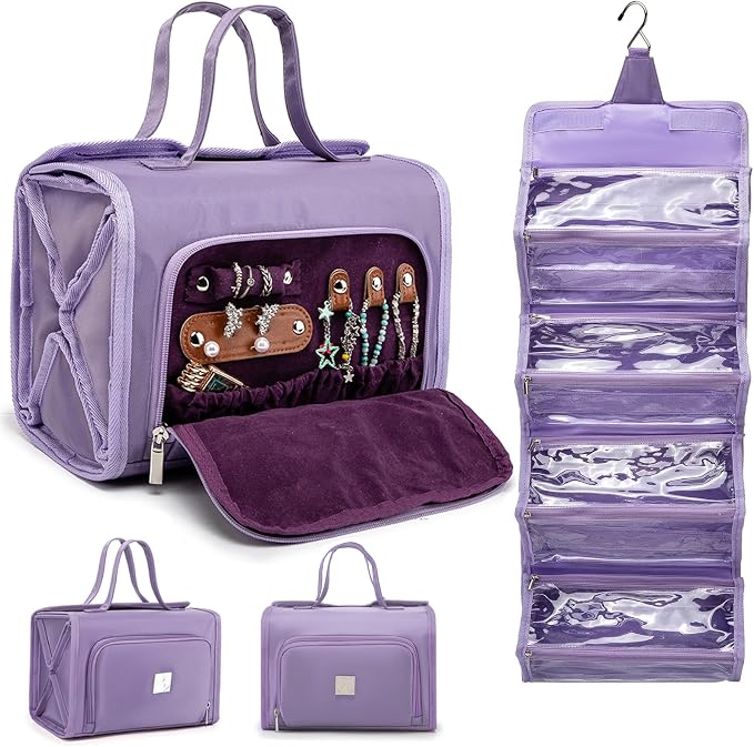 ROYALFAIR Roll Up Makeup Bag, Waterproof Toiletry Bag for Women, Hanging Travel Organizer bags with Jewelry Organizer Compartment, Extra Large 4 Clear TSA Approved Pouches Cosmetic Makeup (violet)