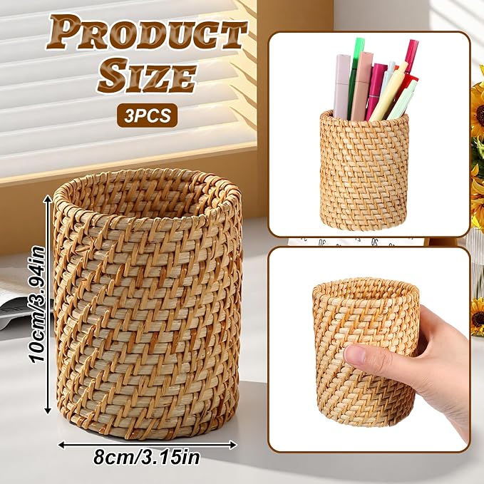 3 Pcs Rattan Pencil Holder, Handmade Pen Cup Durable Cylinder Makeup Brush Holder Multi-Functional Woven Vine Desk Organizer for Office, Home, Kitchen, Desktop