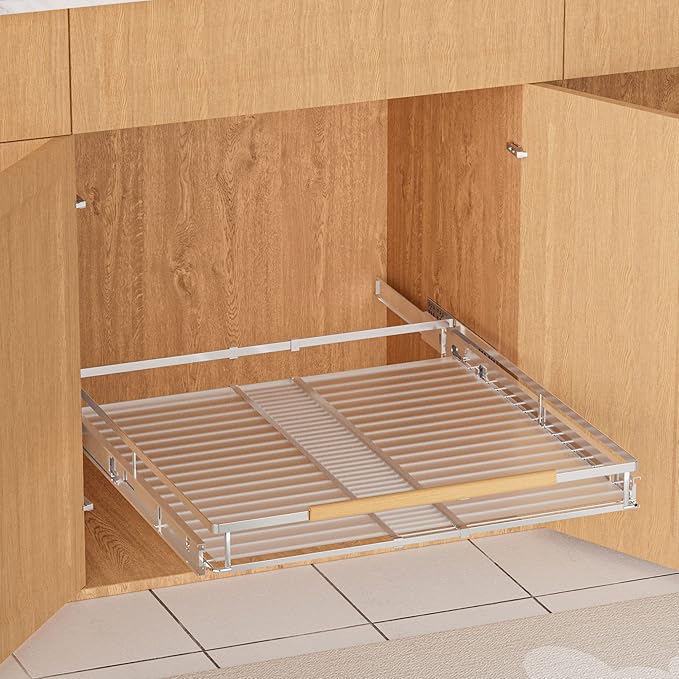 SANNO Pull Out Cabinet Organizer, Kitchen Sliding Shelf Under Sink Shelf, Expandable Drawer Shelves with Sliding Steel Metal Cabinet Drawers Slide Out, Chrome Finish，Expandable 12.1 to 18.4" W