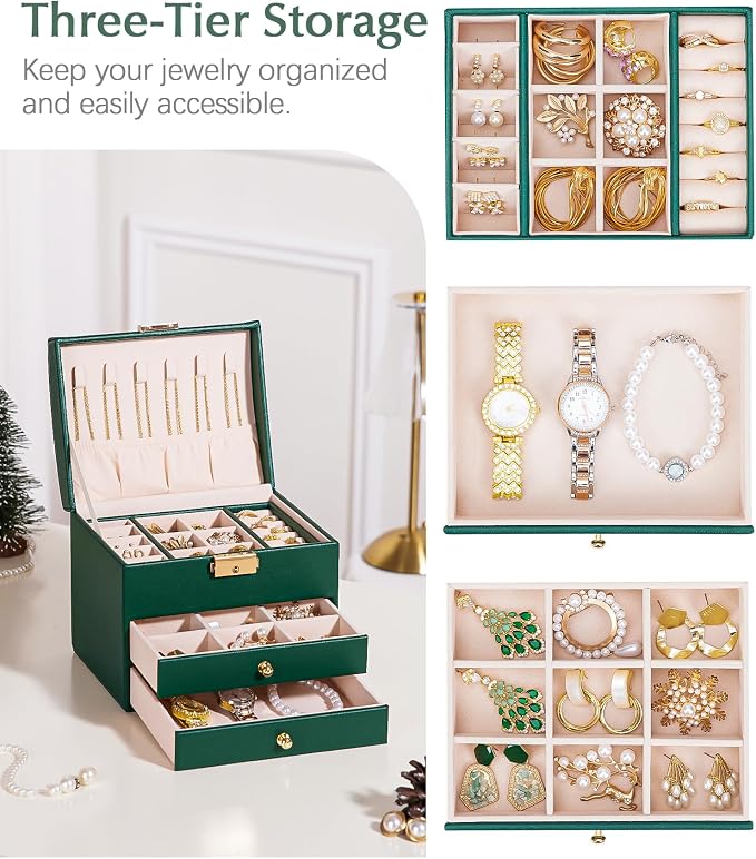 Homde Small Jewelry Box for Girls: 3-Layer Lockable Organizer (Green) | Removable Tray&Dividers for Flexible Storage - Sort Earrings&Rings&Necklaces for Beginners - Birthday Gift for Teens
