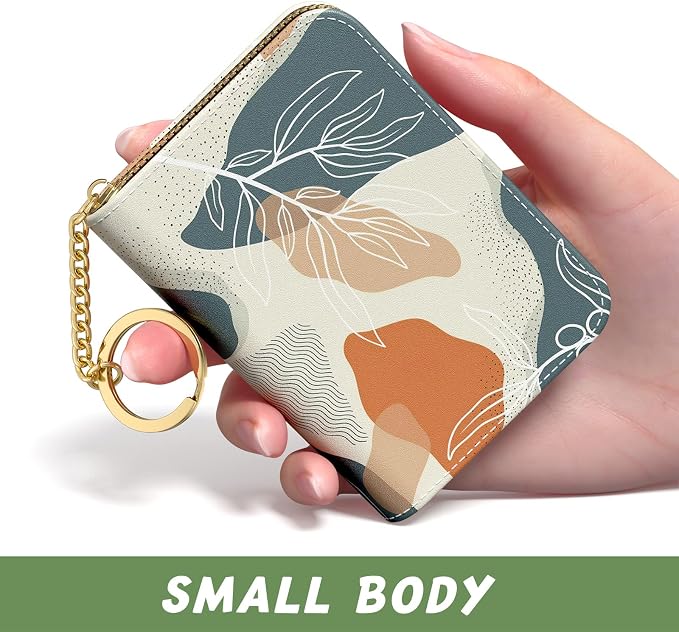 Aiawoxc Credit Card Holder, Small RFID Wallet Slim Leather Card Organizer Case with Zipper and Keychain, Abstract Boho Leaves