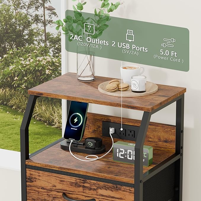 Furnulem Night Stand with Charging Station, 4 Drawers Tall Bedside Table | Small Rustic Brown Dresser, 33.3 Inch Tall Dorm Nightstand, Fabric Drawers, Storage Tower for Closet, Bedroom, 3 Ways to Use