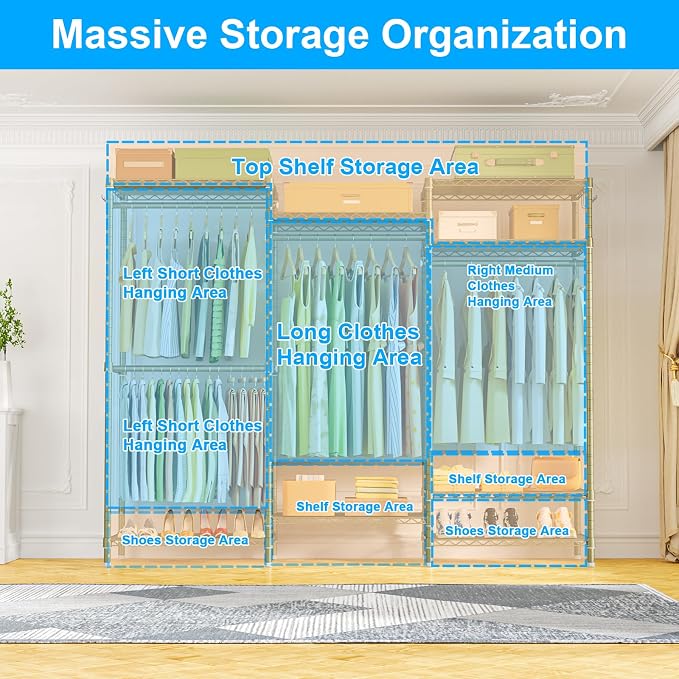 Ulif E13 Heavy Duty Clothes Rack（With 4 Hanger Rods & 8 Shelves） Freestanding Clothing Racks for Hanging Clothes，Adjustable Closet Organizer，Metal Garment Rack 63" W x16 D x77 H，Max Load 900LBS，Gold