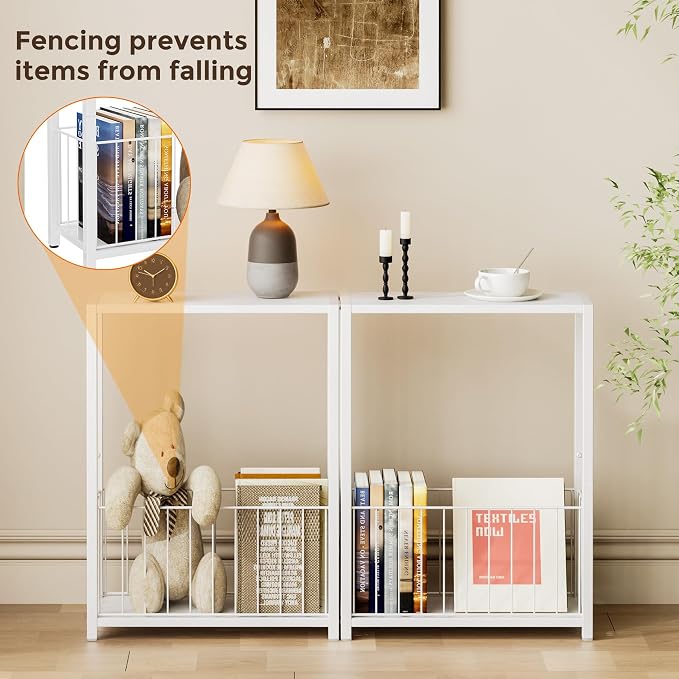 Homleke Narrow Side Tables Set of 2 with Magazine Holder, Skinny End Tables | Space-Saving Design, Small Spaces, Storage Shelf, Metal Frame, Easy Assembly, 7.1" D x 16.9" W x 23.6" H, White