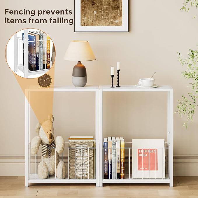 Homleke Narrow Side Table with Magazine Holder, Skinny End Table | Space-Saving Design, Small Spaces, Storage Shelf, Metal Frame, Easy Assembly, 7.1" D x 16.9" W x 23.6" H, White