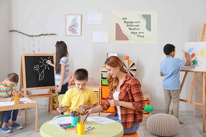 Classroom Wall Flag Decor-Teacher Gift-Inspirational Back to School Wall Banner Decor-All Things Are Difficult Before They Are Easy-Hanging Rectangular Canvas Banner for Classroom Teacher Office