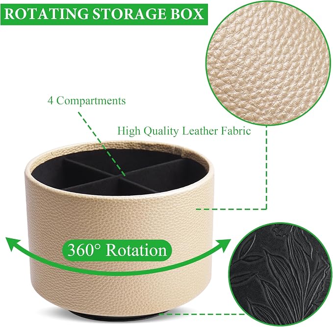 Round Leather Art Supply Organizer,Remote Control Holder,360 Degree Spinning,Multi-Functional Pencil Holder,4 Compartments Desktop Stationary Organizer(1-Lichee Gold)