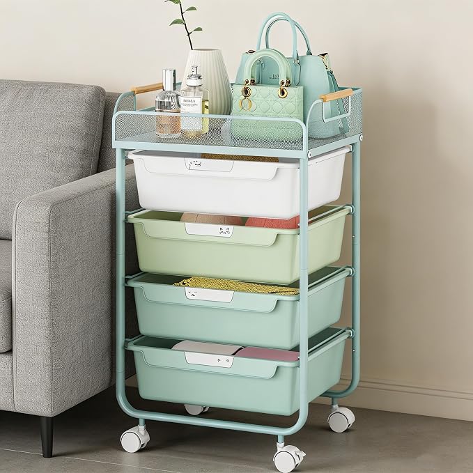 SYKIARIOL 4-Drawer Rolling Storage Cart with Mesh Top, Utility Craft Organizer Cart on Wheels with DIY Labels, Rolling Drawer Cart for Home Office Classroom Bedroom, Green