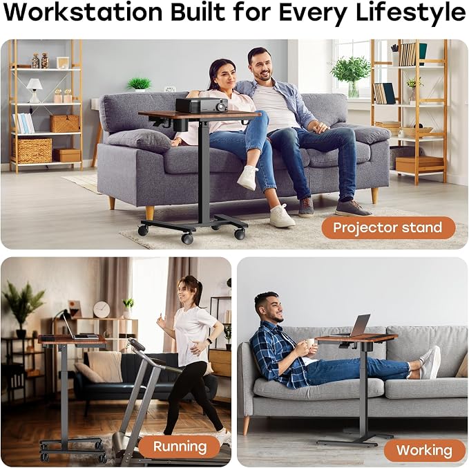 Small Mobile Standing Desk with Drawer, 23.6" x 19.7" Top | Height Adjustable Portable Laptop Desk with Wheels & Cup Holder, Sit Stand Computer Workstation for Compact Space, Dark Wood