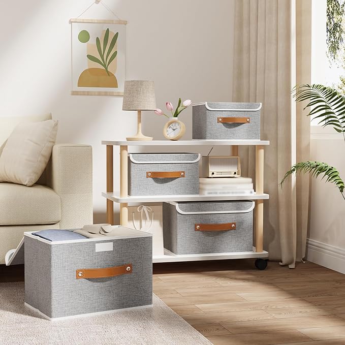 OUTBROS Storage Boxes, Collapsible Storage Bins with Lids, Cotton and linen cloth Storage Baskets with Handle, for Books, Closet, Grey, 3 Pack 10.2 x 7.9 x 6.7in