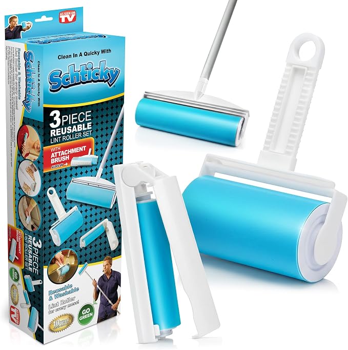 Schticky Lint Roller Set - Reusable & Washable Lint Roller Cleaner for Clothes Sofa Furniture Car Cat Dog Hair - Clean in a Quicky with Schticky (3 Piece Set)