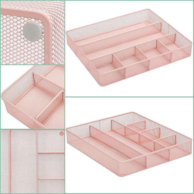 Annova Desk Top Organizer Tray for Office Organization - Metal Mesh - Storage Tray with Dividers for Pens, Desktop Accessories, Bathroom, Kitchen, Makeup and Office Supplies (Large, Light Pink)