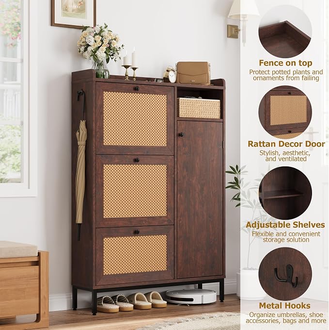 Garvee Shoe Cabinet with 3 Flip Drawers, Freestanding Shoe Organizer with 4-Tier Shoe Storage Cabinet and Adjustable Shelf & Rattan Doors,Narrow Shoe Rack Cabinet for Entryway, Closet, Hallway