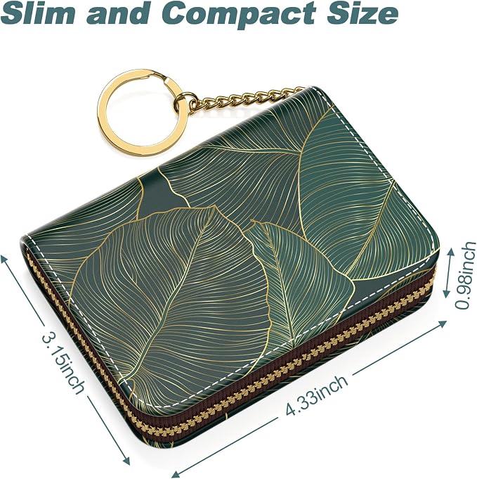 Nipichsha Credit Card Holder, Small RFID Card Wallet for Women, Slim Leather Card Holder Wallet, Credit Card Wallet Organizer, Pocket Business Card Case with Zipper & Keychain, Tropical Leaf