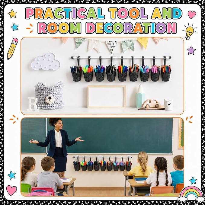 8 PCS Composition Metal Pencil Holder with Pipes Back to School Hanging Iron Small Pails Colors Crayon Organizer First Day of School Notebook Buckets Classroom Pencil Holder for Crafts Party Favors