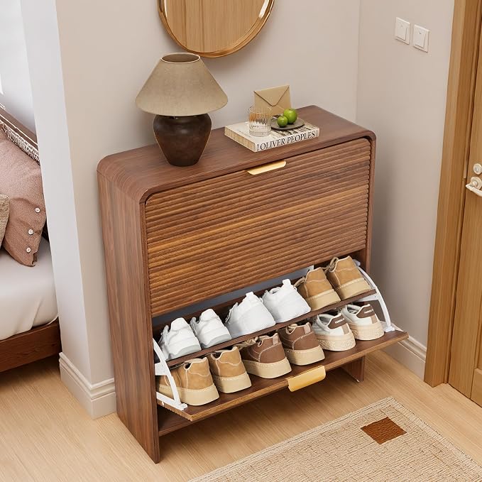 RARZOE Fluted Shoe Cabinet with 2 Flip Drawers, 29.5''Walnut | Narrow Curved Shoe Storage Cabinet, Freestanding Wood Hidden Shoe Organizer Closed Shoe Rack for Entryway Foyer, Hallway