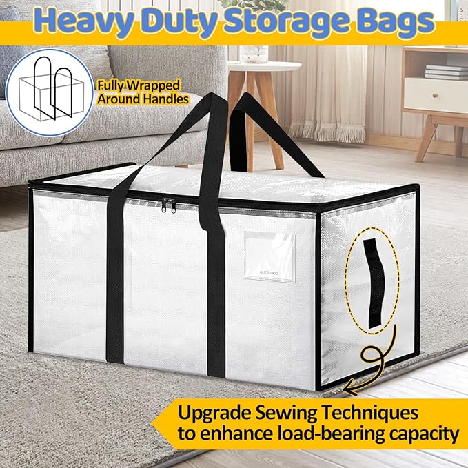Large Moving Bags 4 Pack Heavy Duty Storage Bags with Reinforced Zipper and Wide Handles, Fold Flat Storage Totes with Tag Pocket, Idea for Space Saving, Alternative to Moving Box (88L, Clear)