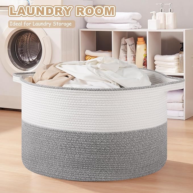 OIASKET XXL Large Blanket Basket with Handles, 105L Woven Storage Basket for Living Room, Cotton Rope Baby Toy Storage for Clothes, Pillows, Towels-Grey & White