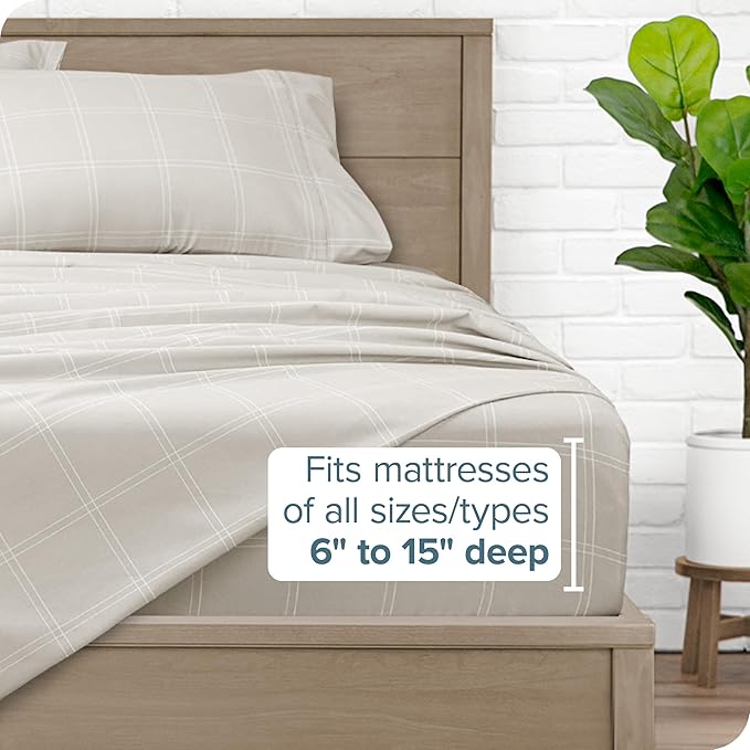 Bare Home Twin XL Sheet Set - College Dorm Size - Luxury 1800 Ultra- Soft Double Brushed Microfiber - Deep Pockets - Easy Fit - 3 Piece Bedding Sheet Set (Twin XL, Modern Plaid - Stone/White)