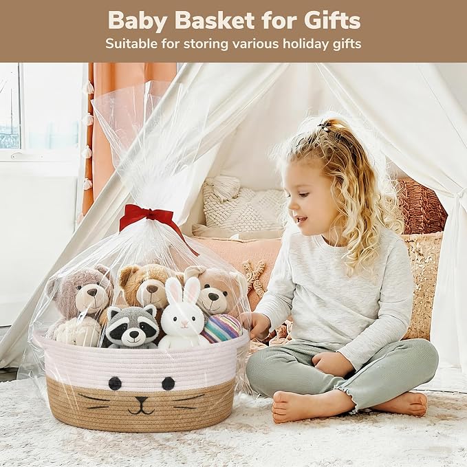 Cat Toy Basket, 13.8" x 6" Woven Baby Basket for Living Room, Medium Gift Baskets Empty, Cotton Rope Basket for Cat Bed Nursery Organizer, White & Jute