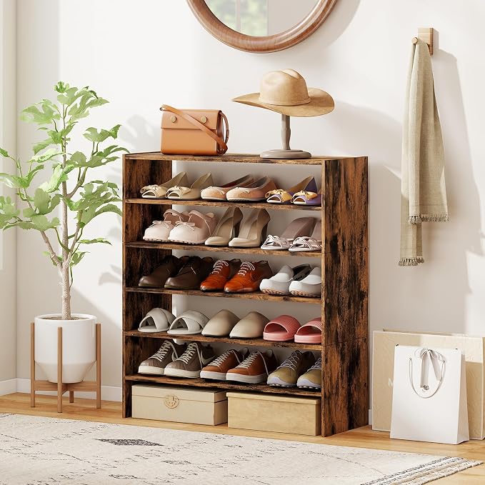 COSTWAY 6-Tier Shoe Rack, Extra Wide Shoe Shelf Organizer with Stackable Design, 31" Freestanding Adjustable Storage Shoe Stand for Small Space Entryway Hallway Closet (2,Rustic Brown)