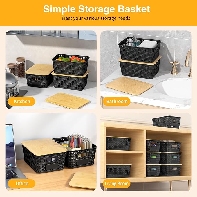 Plastic Storage Baskets with Bamboo Lids and Labels, Stackable Storage Containers, Storage Bins for Organizing Shelves Drawers Desktop Closets Office, 6 Packs-Black