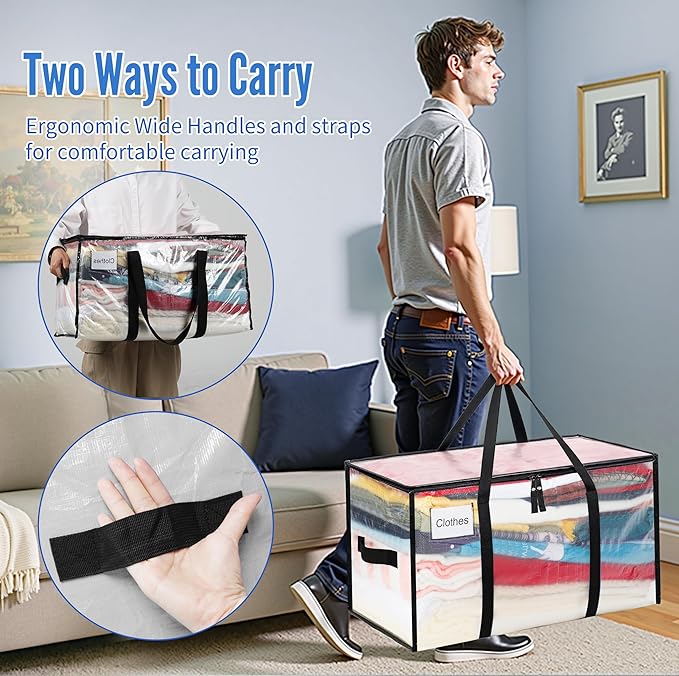 BAGAIL Heavy Duty Moving Bags with Strong Handle, Extra Large Moving Boxes, Storage Tote for Clothes, College Moving Supplies(Clear,93L-6pack)