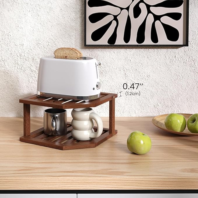 VERTORGAN Bamboo Corner Shelf(2 Pack),2 Tier Plate Organizer for Cabinet and Countertop,Pantry Dish and Spice Rack for Kitchen（Brown）